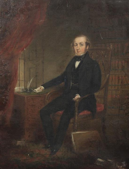 Victorian School Full length portrait of a gentleman seated in his library 24 x 20in.